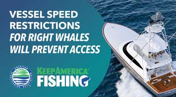 Fishing boat in ocean with text Vessel Speed Restrictions for Right Whales Will Prevent Access