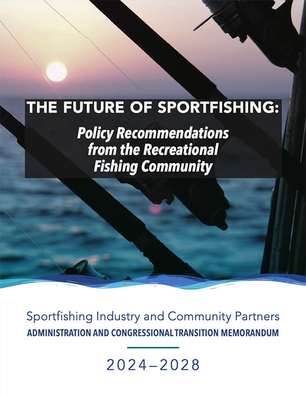 Cover page titled "The Future of Sportfishing: Policy Recommendations from the Recreational Fishing Community" with sunset over water. Text below reads "2024-2028" with more details.
